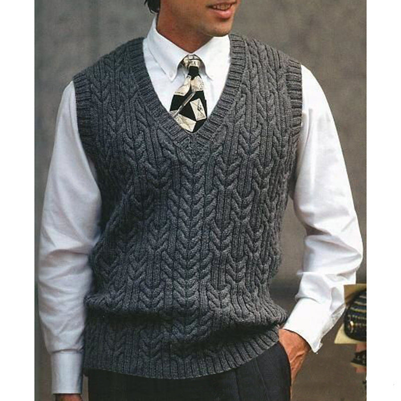 Sleeveless men's cable knit vest, offering a smart v-neck design for effortless layering.