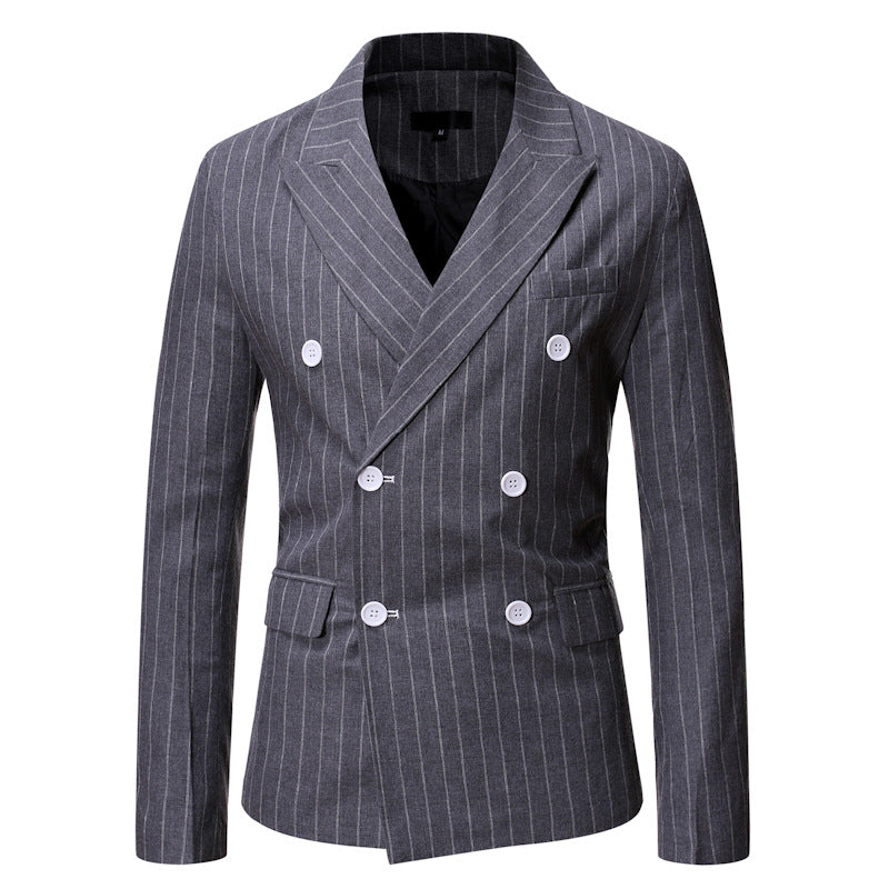 Professional men's striped blazer, double-breasted, ideal for formal or business casual wear.