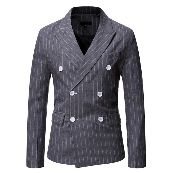 Professional men's striped blazer, double-breasted, ideal for formal or business casual wear.