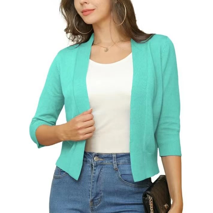 Lightweight all-season women's cardigan, open-front with 3/4 sleeves for daily wear.