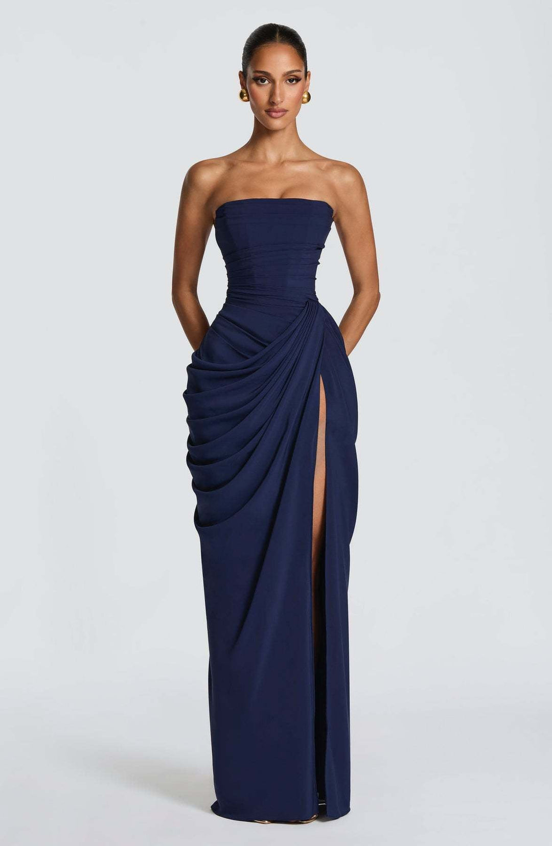 Stunning women's long sleeve evening dress featuring luxurious draping and a high leg slit, for formal parties.