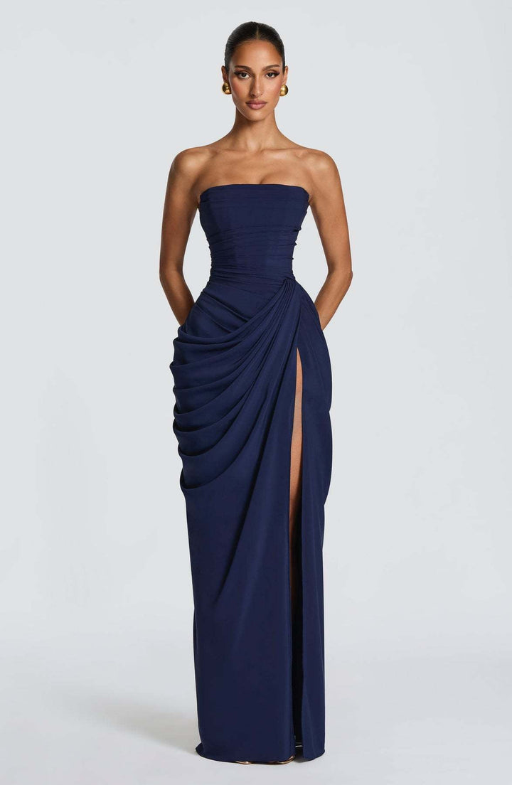 Stunning women's long sleeve evening dress featuring luxurious draping and a high leg slit, for formal parties.