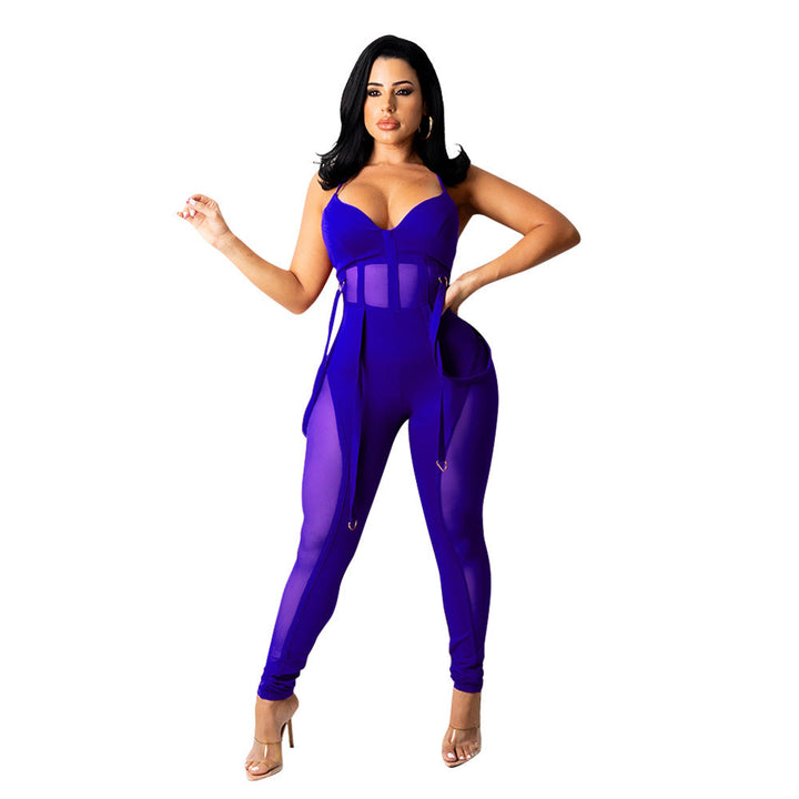 Women's fashion transparent panel jumpsuit, elegant & modern evening outfit.