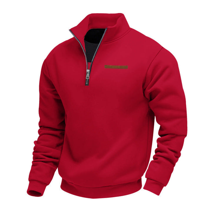 Textured men's half-zip pullover sweatshirt, showing comfortable fabric for fall & winter.