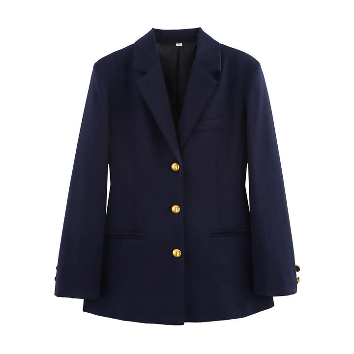 Stylish women's tailored blazer with gold buttons. An elegant structured jacket, ideal for office wear or smart casual outfits.