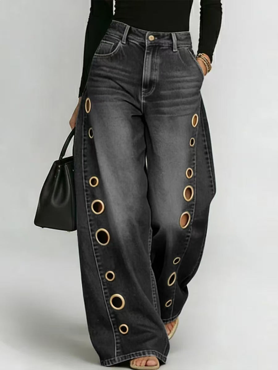 Comfortable women's high-waist wide-leg jeans, featuring stylish decorative eyelet accents.