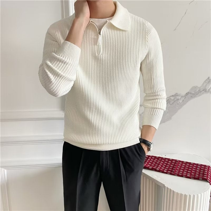 Stylish men's textured knit zip polo sweater. Versatile for casual & smart fall fashion.
