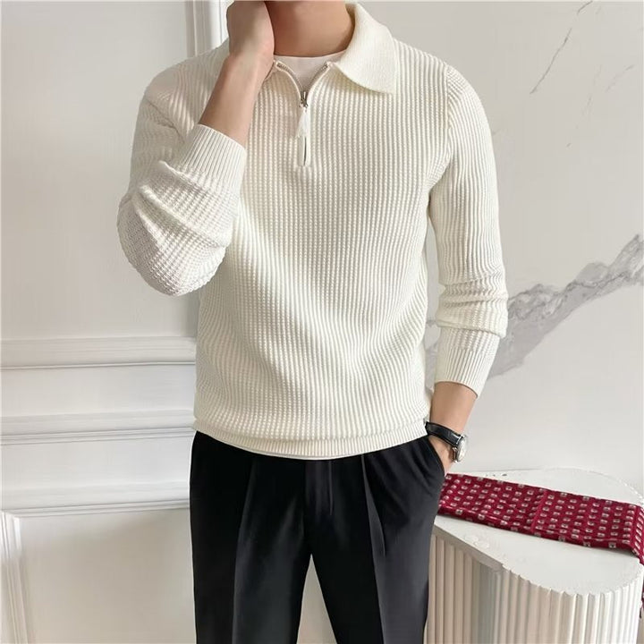 Stylish men's textured knit zip polo sweater. Versatile for casual & smart fall fashion.