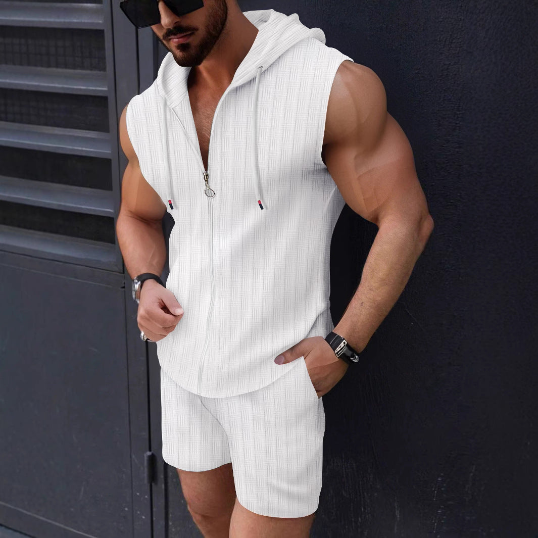 Men's fashion sleeveless hoodie shorts set, a stylish two-piece zip-up for activewear.
