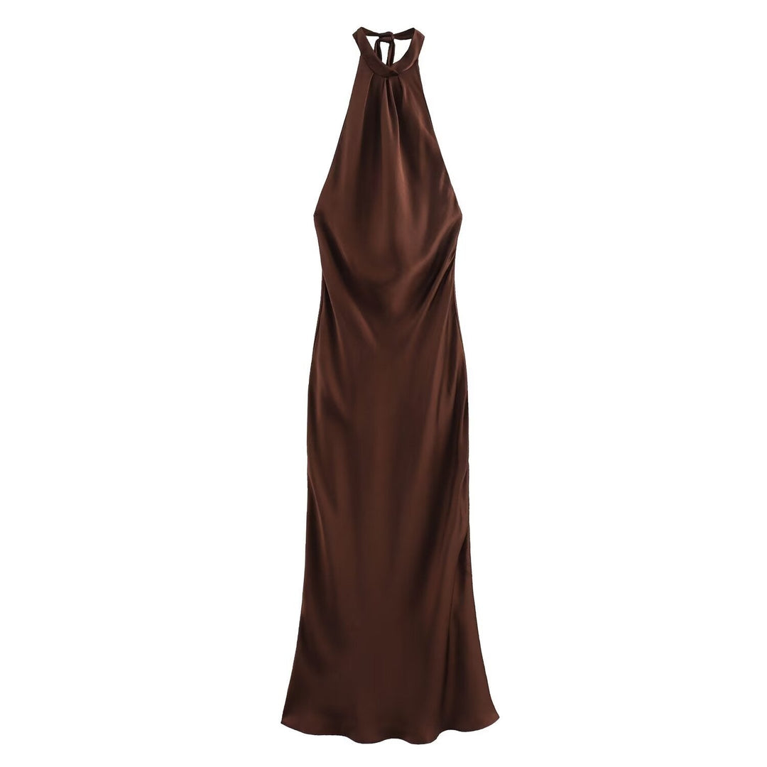 Women's brown halter neck midi dress, perfect for cocktail parties & elegant evening events.