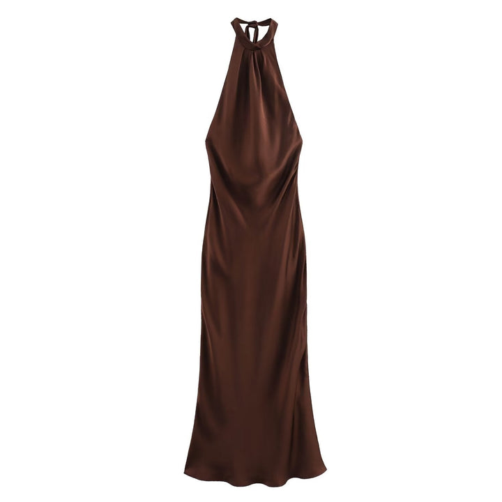 Women's brown halter neck midi dress, perfect for cocktail parties & elegant evening events.