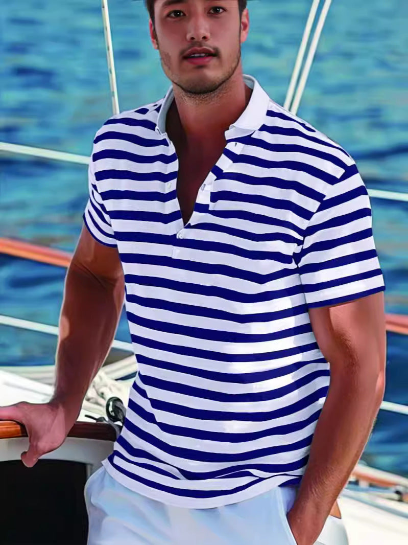 Stylish men's casual striped polo shirt, featuring a modern stand-up collar and short sleeves.