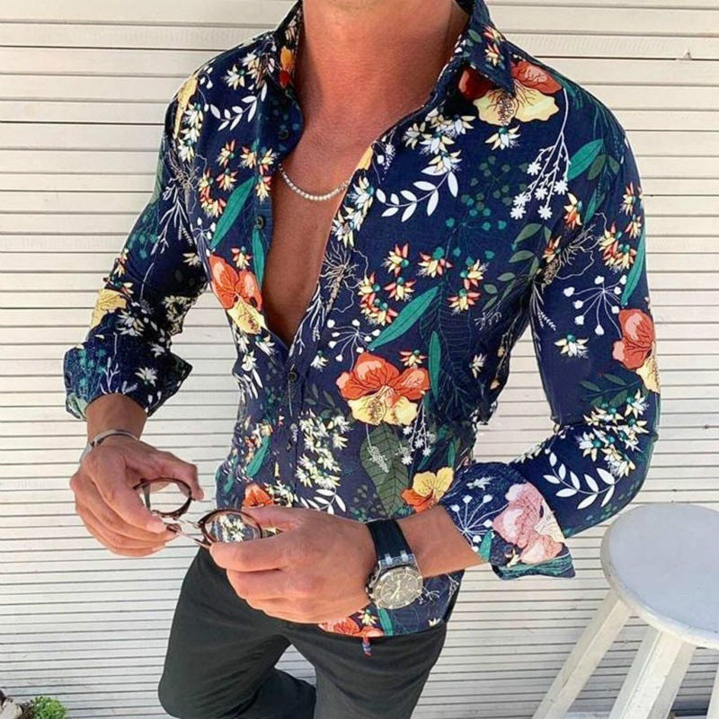 Trendy men's long sleeve floral shirt, a modern fashion statement for any casual or party occasion.