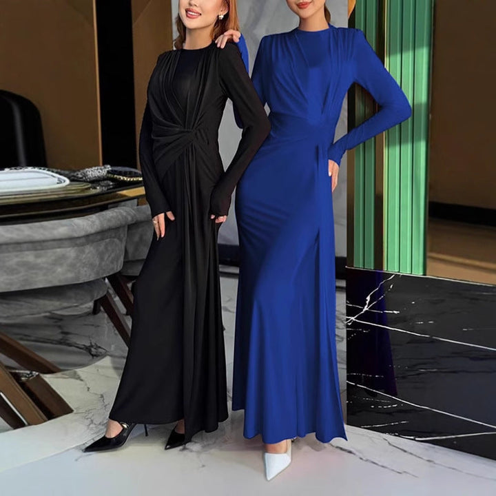 Elegant women's high collar long dress with gathered waist, perfect for sophisticated evening wear & formal parties.