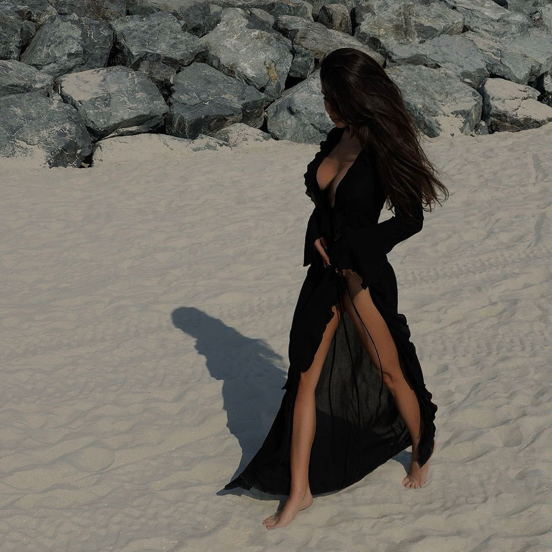 Lightweight, elegant women's flowy beach cover-up robe. Perfect vacation essential for swim and resort wear.