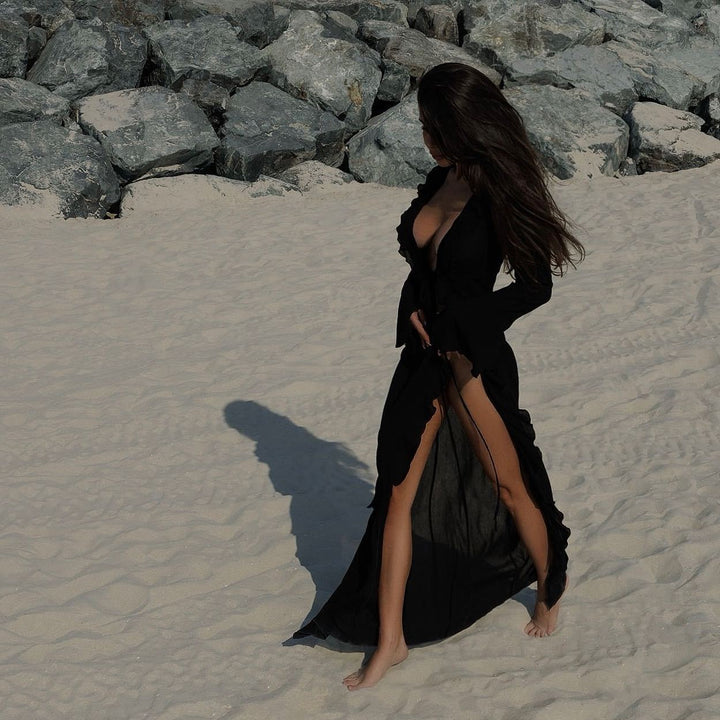 Lightweight, elegant women's flowy beach cover-up robe. Perfect vacation essential for swim and resort wear.