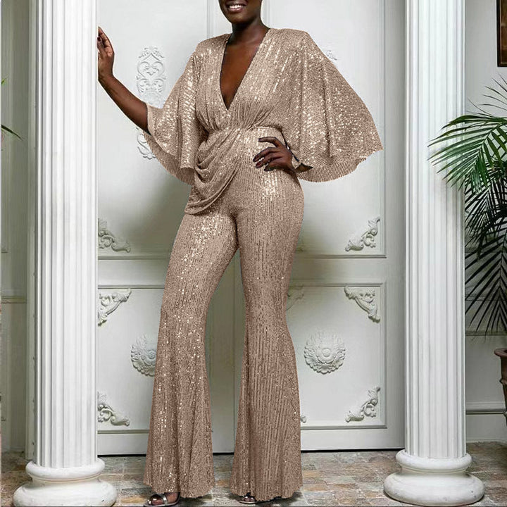 Dazzling women's sequin wide-leg jumpsuit with V-neck, perfect for elegant party & evening wear.