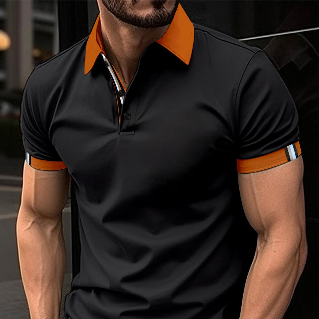 Men's fashion polo, smart casual wear, contrast placket, comfortable & versatile for daily activities.