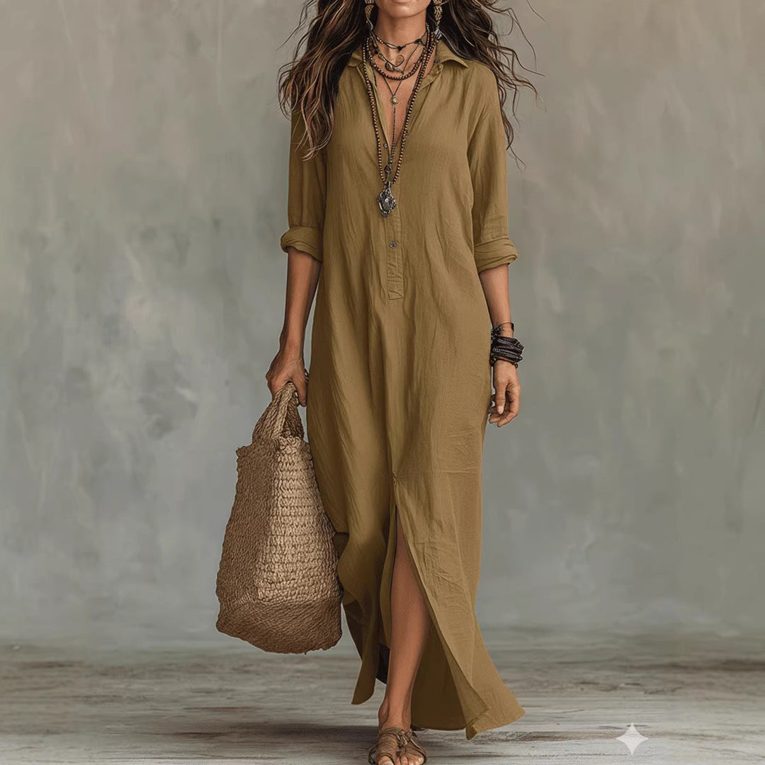 Women's button-down long shirt dress, flowy fit, and chic side slit. Essential for spring/summer wardrobes.