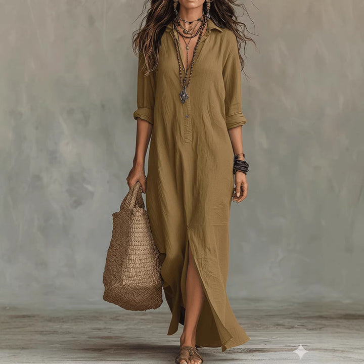 Women's button-down long shirt dress, flowy fit, and chic side slit. Essential for spring/summer wardrobes.