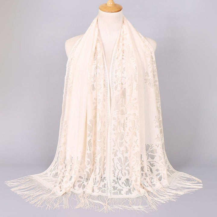 Chic women's fringed lace scarf, showcasing a beautiful floral pattern, a perfect gift for her.