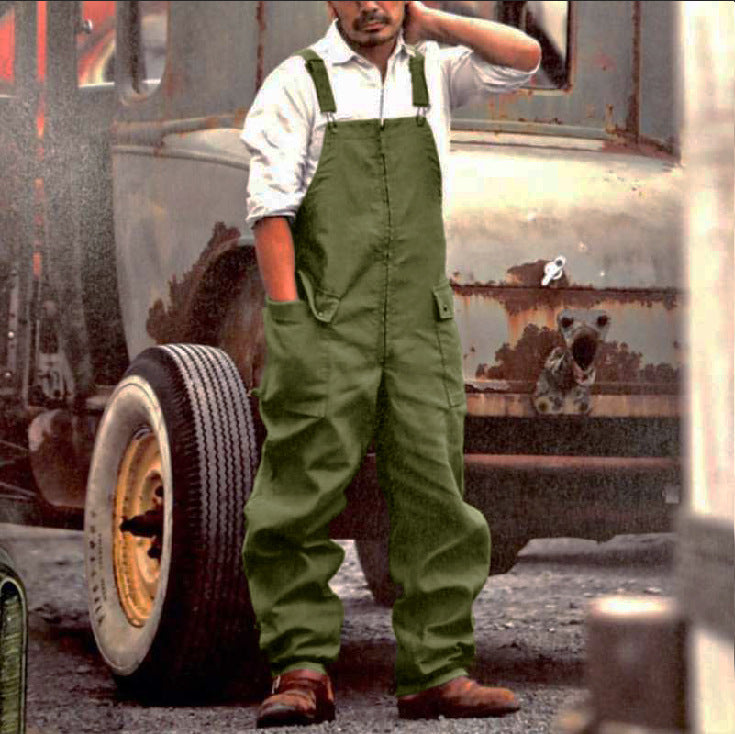 Durable blue-grey men's utility overalls for tough work, featuring adjustable straps and ample storage pockets.