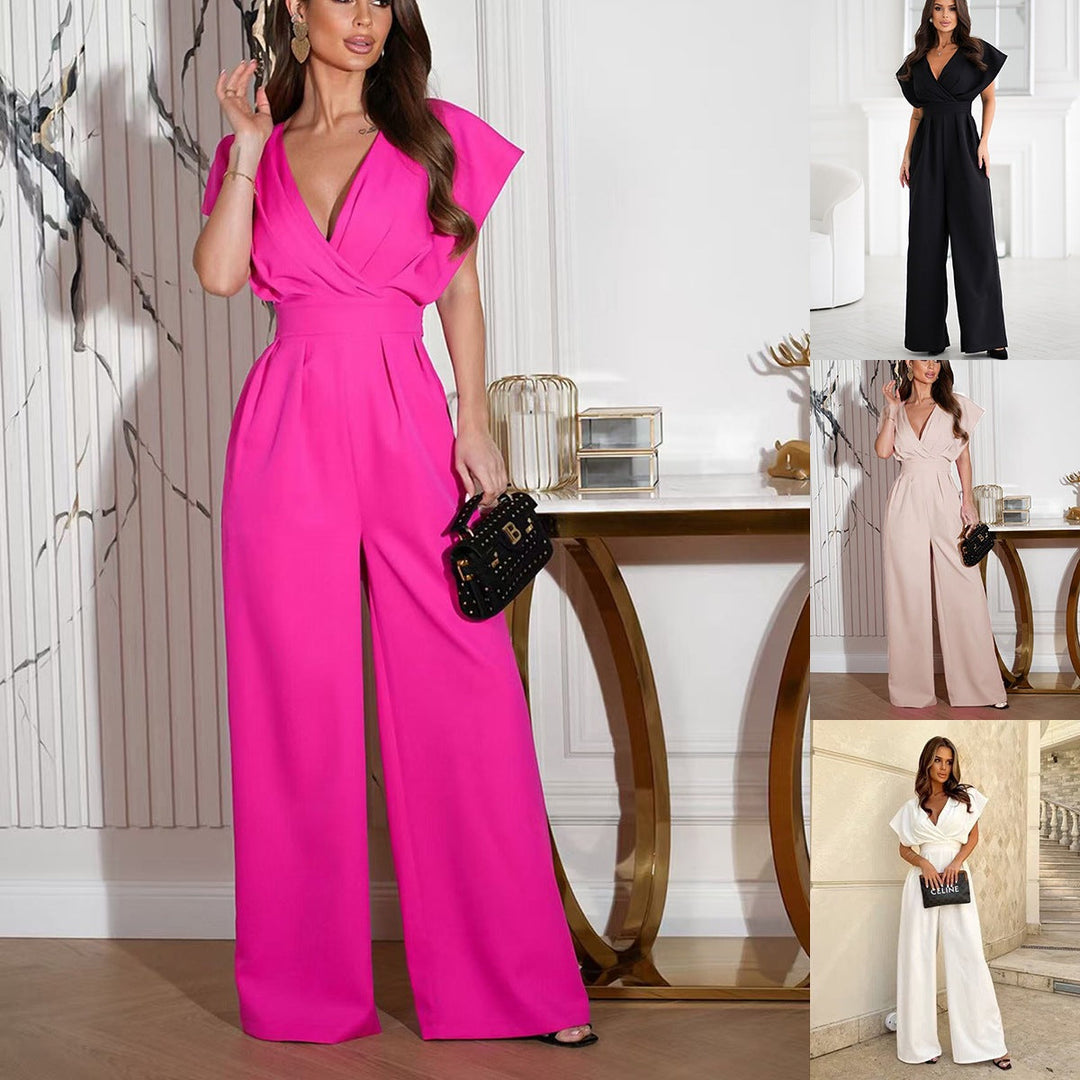 Elegant women's wide-leg V-neck jumpsuit in black. Perfect for formal events & chic party wear.