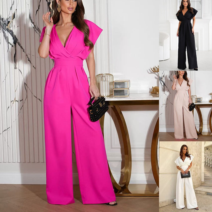 Elegant women's wide-leg V-neck jumpsuit in black. Perfect for formal events & chic party wear.