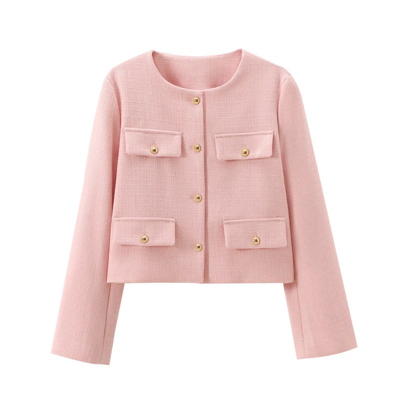 Versatile women's cropped blazer with gold buttons, chic style, elegant for various occasions.