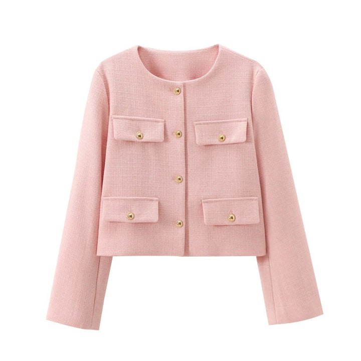 Versatile women's cropped blazer with gold buttons, chic style, elegant for various occasions.