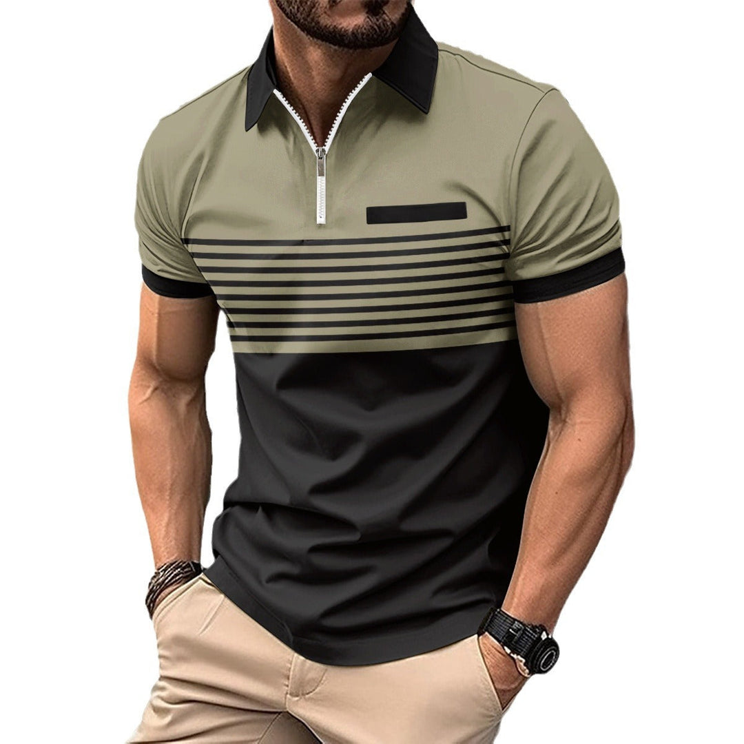 Detailed view of men's zip polo shirt, showcasing modern contrast stripes and short sleeve design.