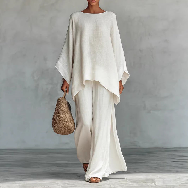 Women's casual khaki two-piece wide leg pant set. Loose fit, comfortable summer outfit.