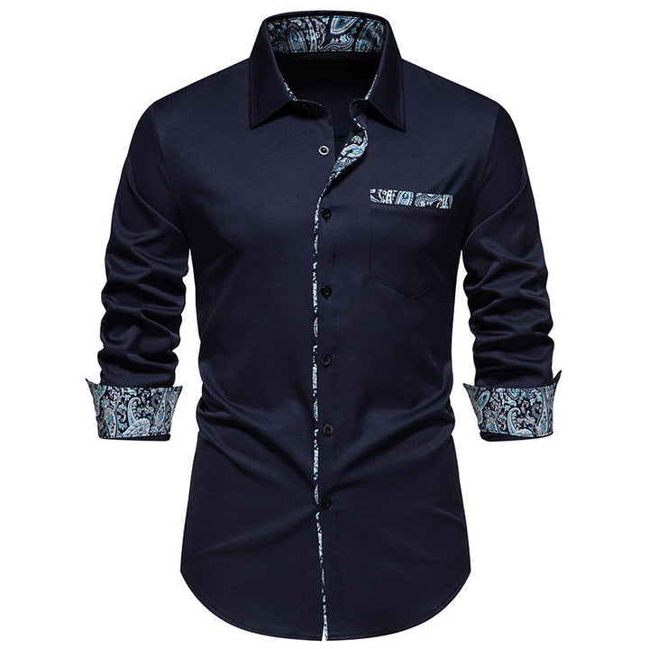Modern men's white long sleeve shirt, subtle yet stylish paisley print on collar & cuffs. Versatile elegant menswear.