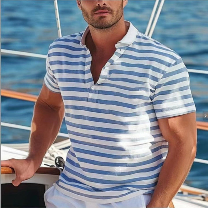 Fashionable men's striped polo with stand-up collar. Short-sleeve casual top, great for summer style.