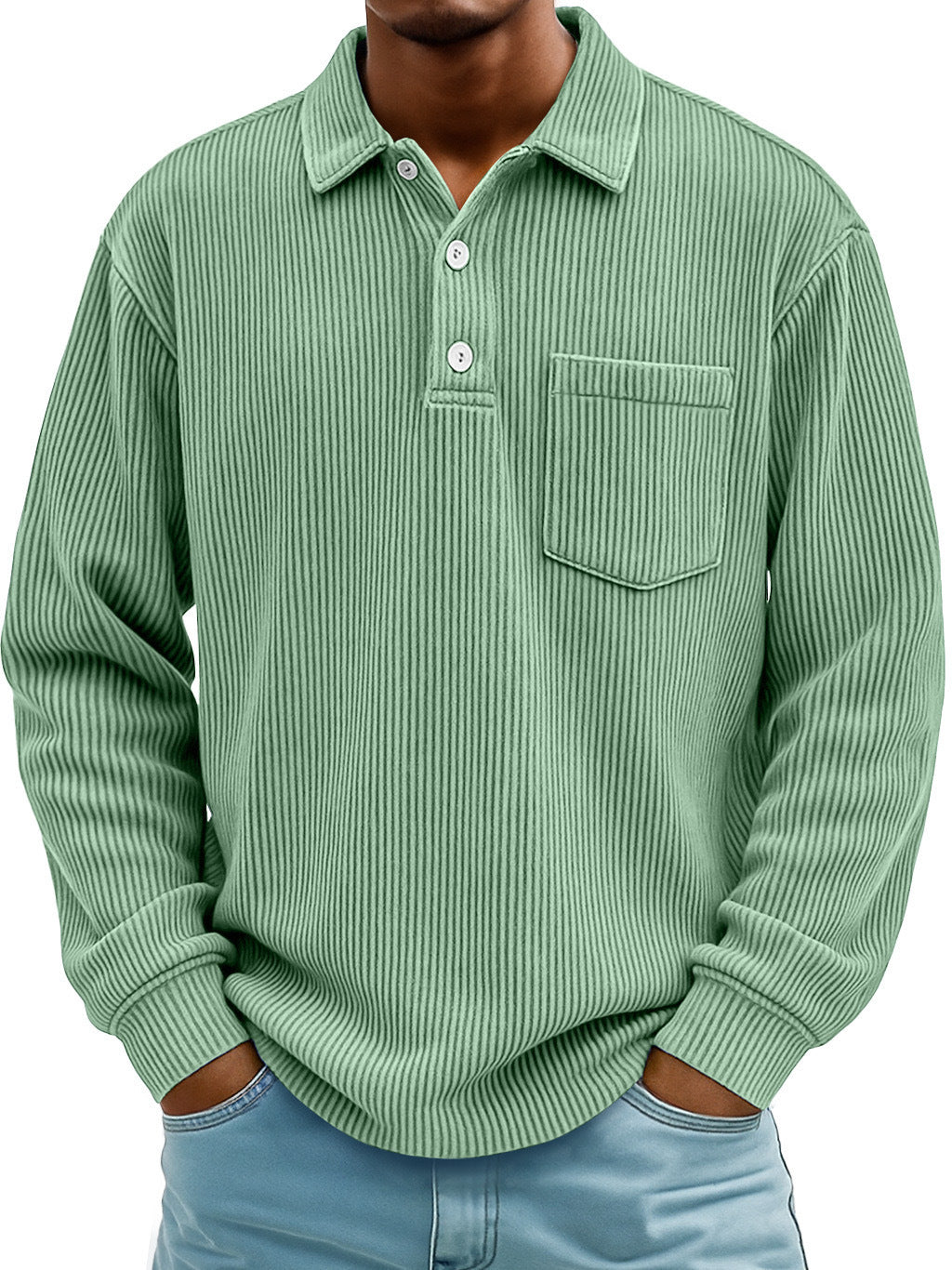 Autumn wear men's long sleeve polo, casual yet stylish with button details.