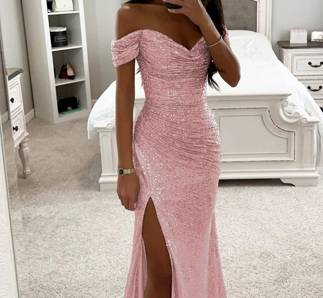 Women's elegant off-shoulder sequin maxi dress. Formal evening gown with a high slit, perfect for glamorous occasions.
