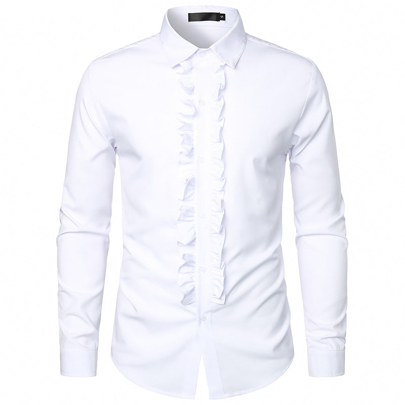 Close-up of the elegant ruffles and detailed button-down front on a men's white formal dress shirt.