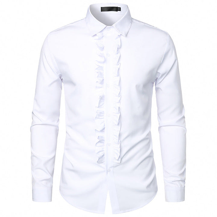 Close-up of the elegant ruffles and detailed button-down front on a men's white formal dress shirt.