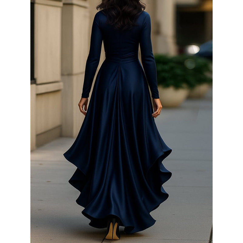 Women's elegant wrap maxi dress with flowing fabric and charming ruffles, suitable for sophisticated formal wear.