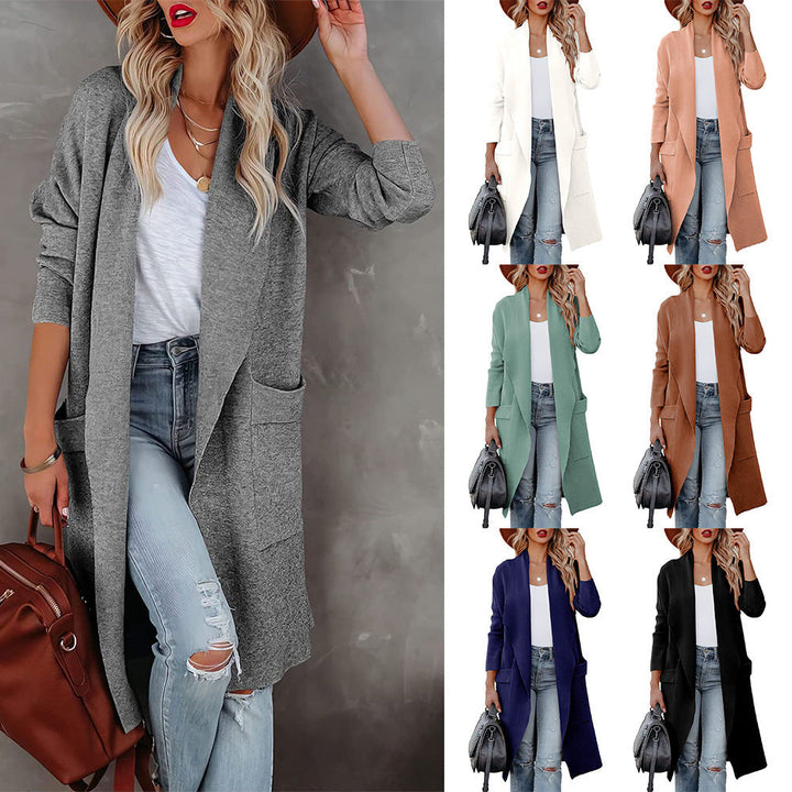 Women's long open front cardigan with side pockets, perfect for versatile everyday layering.