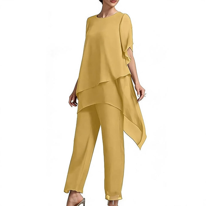Stylish women's asymmetrical two-piece set with airy sleeves for a chic, modern look.