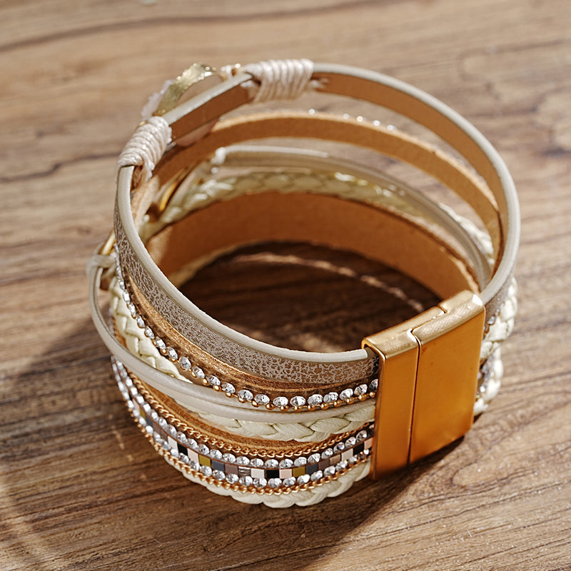 Bohemian style women's bracelet, featuring earthy natural stones & a sparkling heart charm; fashion gift.