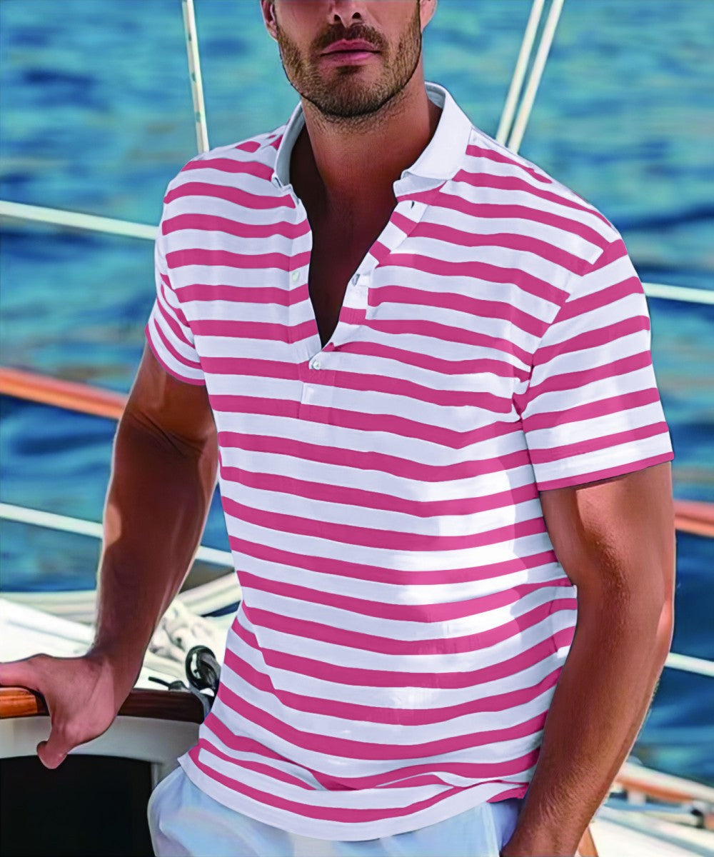 Men's striped short-sleeve polo shirt, featuring a sleek stand-up collar. Ideal for smart casual wear.