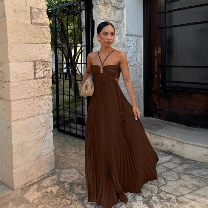 Ladies' formal off-shoulder gown with intricate pleating and adjustable thin straps. Ideal for special events.