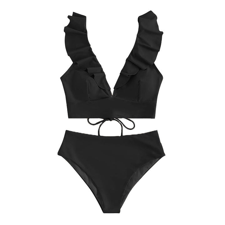 Elegant women's high-waisted swimwear, with a flattering ruffle V-neck and adjustable features for comfort.