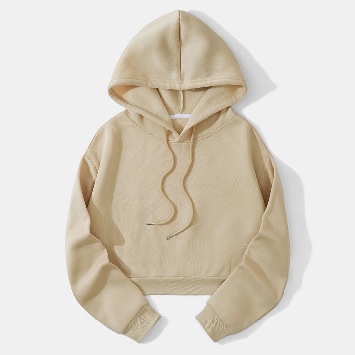 Detail of drawstrings on a women's comfortable cropped pullover hoodie.
