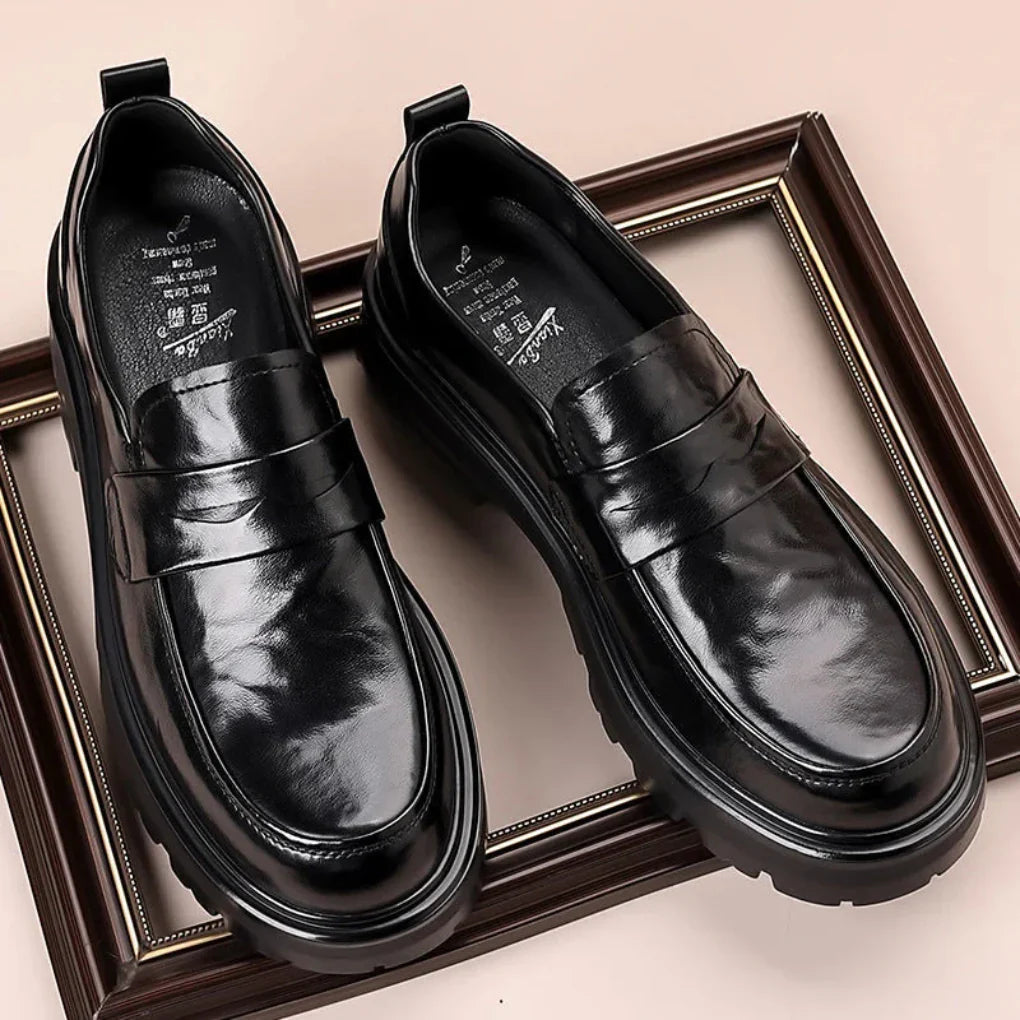 Stylish men's penny strap moc toe loafers, classic slip-on design for comfortable formal & casual wear.