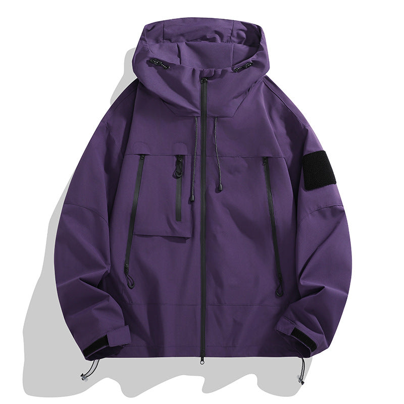 Sporty women's activewear jacket. Adjustable hood, multi-pocket design for hiking & outdoor activities.
