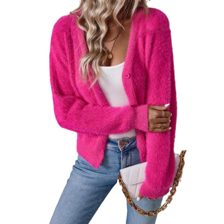 Fluffy V-neck women's cardigan, an essential soft layering piece with elegant button details.