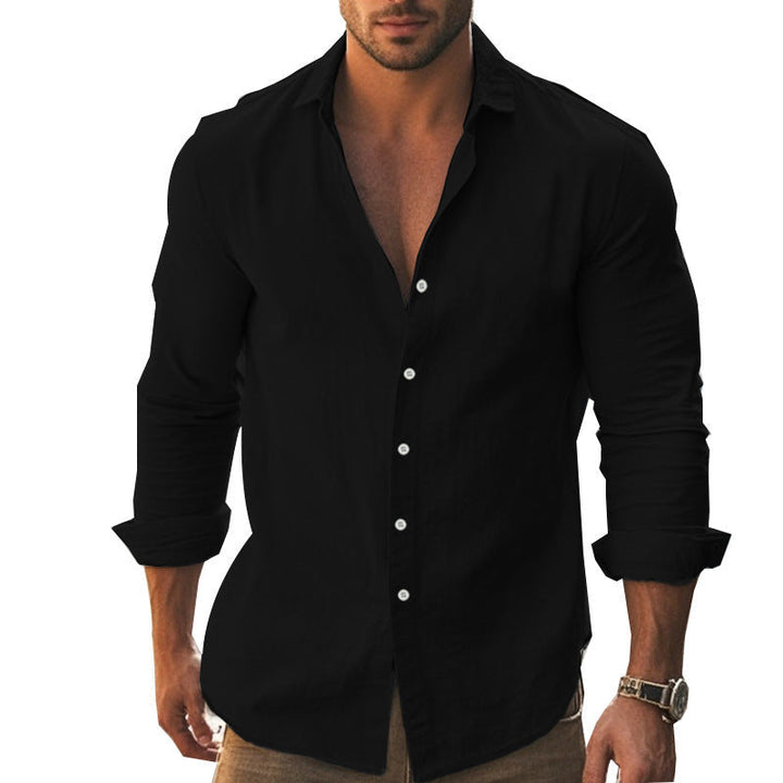 Men's long sleeve dress shirt, modern collar, button-down front, suitable for smart casual.